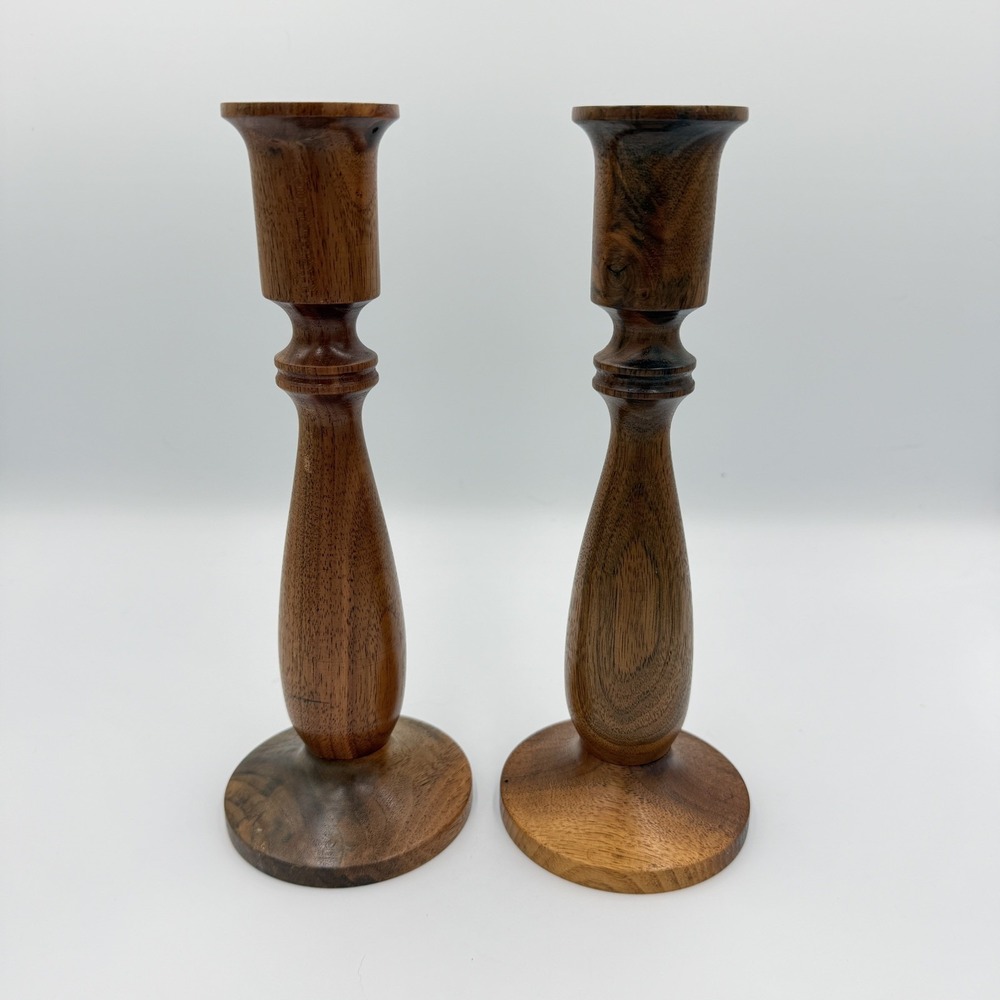 Vintage Traditional Hand Turned Wooden Candlestick Holders (2) Cottage Decor